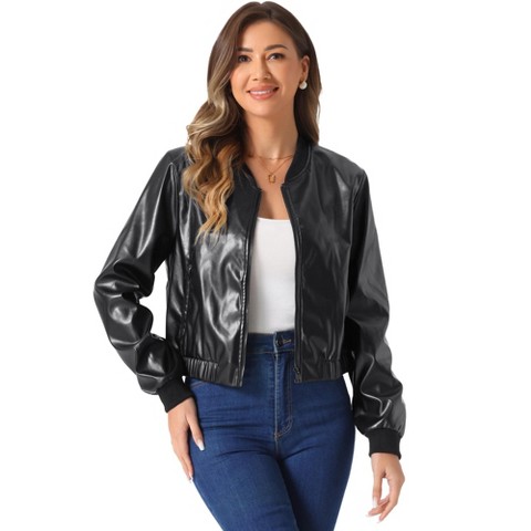Allegra K Women's Long Sleeve Stand Collar Drop Shoulder Bomber Jacket X-Small Black