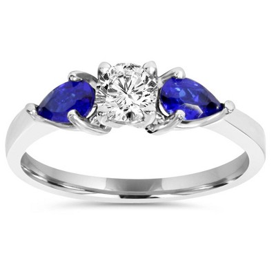 Pompeii3 1ct Pear Shape Blue Sapphire & Diamond Engagement Ring 14K White Gold Lab Created