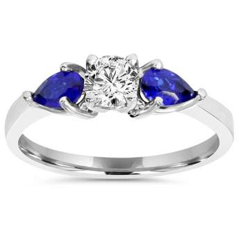 Pompeii3 1ct 3 Stone Pear Shape Blue Sapphire & Diamond Engagement Ring 14K White Gold