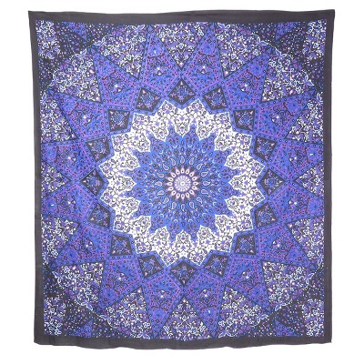 HomeRoots 92" X 84" Purple Black And White Mandala Cotton Hanging Tapestry