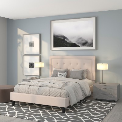 Beige Queen Size Tufted Upholstered Platform Bed with Slats
