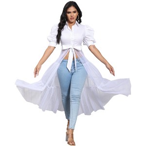 Women's 2025 Casual Mesh See Through Shirts Long Dresses with Belt V Neck Button Down Club Party Outfits - 1 of 4