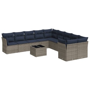 vidaXL Patio Sofa Set with Cushions 11 Piece, Sectional Sofa with Glass Table, Outdoor Conversation Set, Modern Style, Gray Poly Rattan - 1 of 4