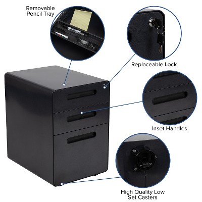 Black Mobile 3-Drawer Lockable Filing Cabinet with Casters