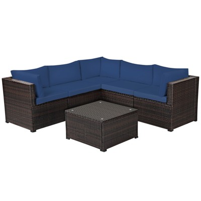 Tangkula 6 PCS Patio Rattan Furniture Set Outdoor Wicker Conversation Sofa Set w/Tempered Glass Coffee Table