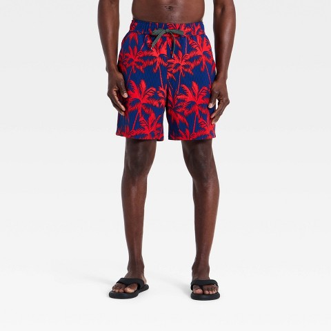 Мужские брюки Houston White Men's 7" Palm Print Seersucker Swim Trunks - Blue/Red L
