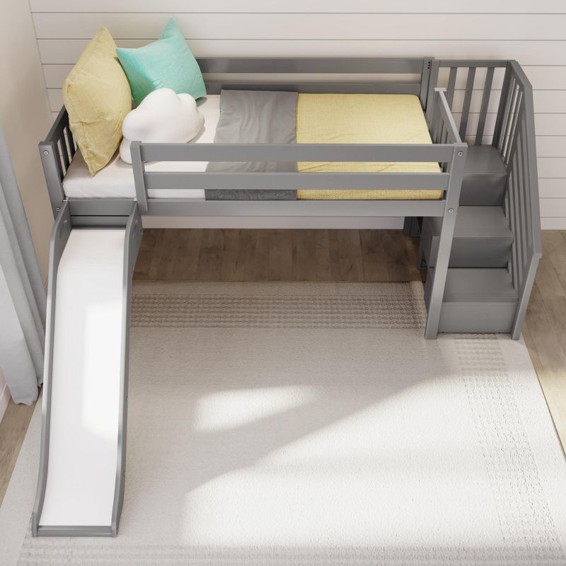 Max & Lily Twin Size Low Loft Bed with Slide and Stairs, Solid Wood Kids Platform Bed with 14” Guardrails, 5 of 6