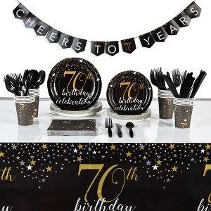 Sparkle and Bash 170-Piece 70th Birthday Party Supplies, Serves 24 Black and Gold Plates, Napkins, Cups, Cutlery, Tablecloth and Banner - 1 of 4