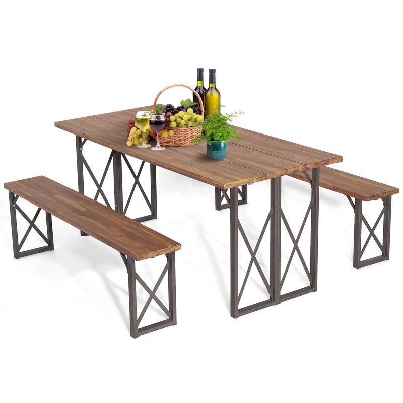 Tangkula 3 Piece Patio Picnic Table Bench Set, Outdoor Camping Table Set w/ Acacia Wood Tabletop & Seat 2” Umbrella Hole, 1 of 11