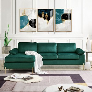 TiramisuBest Grey Velvet L-Shaped Sofa, Mid-Century Glam Corner Couch with Removable Cushions & Brass Legs - 1 of 4