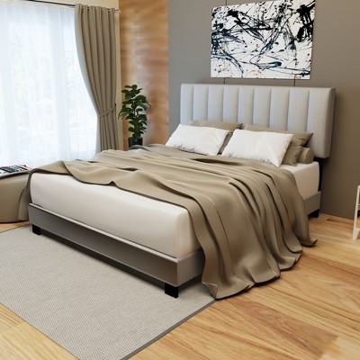 Queen Size Upholstered Platform Bed Frame with Adjustable Headboard 4W, White/Gray/Light Gray -ModernLuxe
