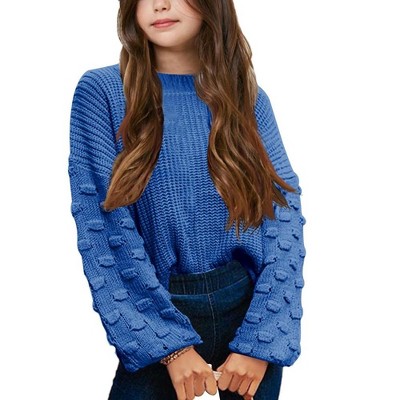 Girls Pullover Sweater Cable Knit Soft Comfy Sweater for Girls Crew Neck Sweater Puff Sleeve Ribbed Knit Cuff