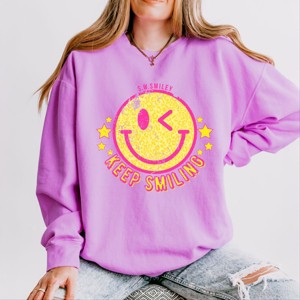 Simply Sage Market S.W.Smiley Keep Smiling Happy Face Lightweight Garment Dyed Sweatshirt - 1 of 4