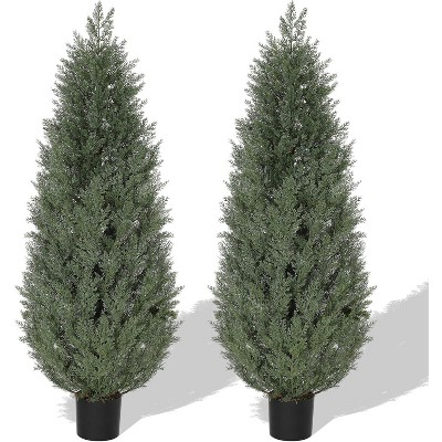 5FT Artificial Topiary Cedar Trees - 2PCS Fake Outdoor/Indoor Plants with Realistic Moss Pots, UV Rated for Front Porch & Living Room Decor