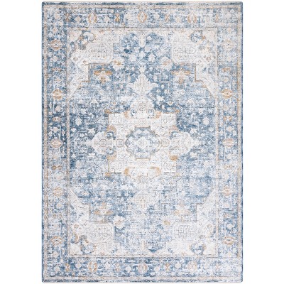 Ivory and Blue Rectangular Oriental Synthetic Area Rug 8' x 10'