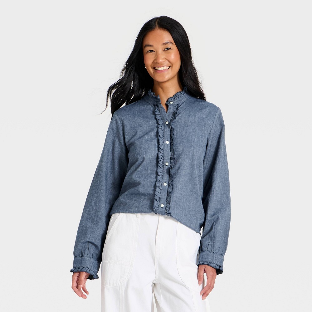 Women's Ruffle Long Sleeve Button-Up Ruff Collared Neck Blouse - Universal Thread™ Chambray XS