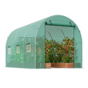 VEVOR Walk-in Tunnel Greenhouse, 9.6x6.4x6.2 ft Hoop House Greenhouse Tunnel with Galvanized Steel Frame, Green PE Cover, Roll-up Zipper Door - 1 of 4