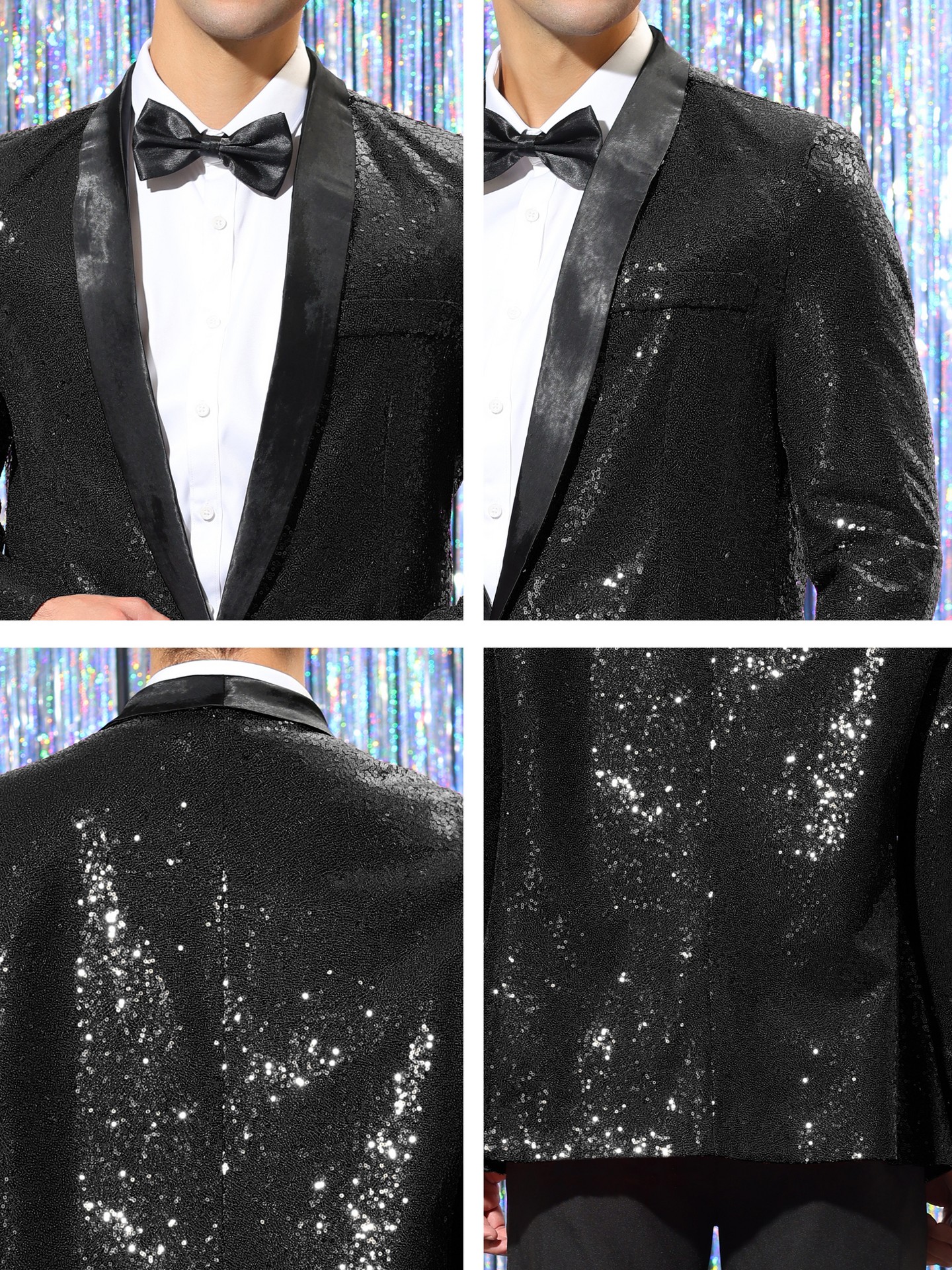Мужской пиджак INSPIRE CHIC Shawl Lapel One Button Tuxedo Wedding Shiny Sequin Blazer Black, цвет: Чёрный — фото 6