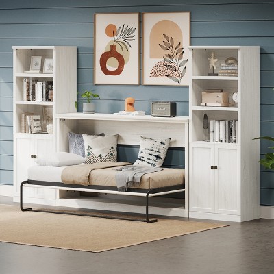 Twin Size Murphy Bed with Side Cabinet Bookshelf, Hideaway Wall Bed, Folding into Cabinet, Rustic White - ModernLuxe
