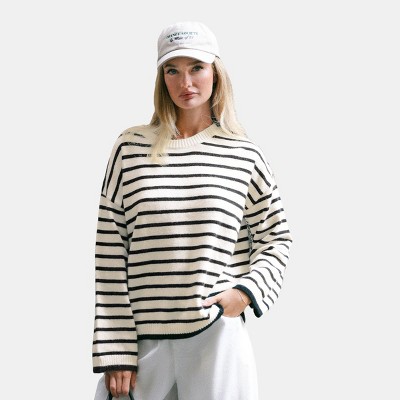Women‘s Black & Beige Stripe Long Sleeve Sweater - Cupshe