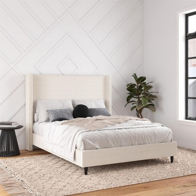 Ivory Upholstered Queen Platform Bed with Wingback Headboard