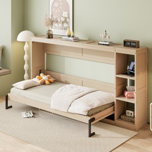 Wooden Murphy Bed With Bookshelf,Wall Bed With 3 Storage Racks,Wall Bed Murphy Bed -Maison Boucle - 1 of 4