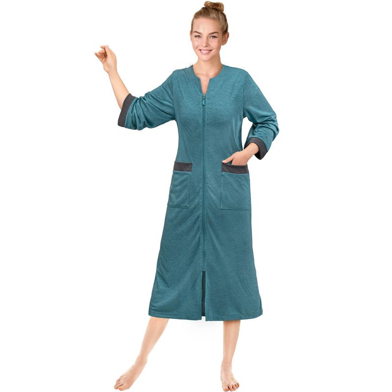 PAVILIA Women Zipper Robe, Loungewear Dress Lightweight Sleepwear Housecoat Nightgown Long Bathrobe, Jersey Robe with Pocket, 3 of 9