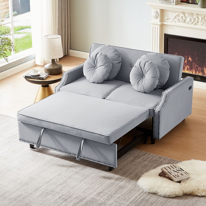 54.7" Multiple Adjustable Positions Sofa Bed with a Button Tufted Backrest, Two USB Ports and Four Floral Lumbar Pillows, 4A -ModernLuxe, 1 of 17
