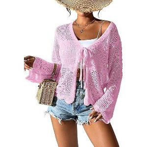 Coolmee Women's Tie Front Lightweight Crochet Cardigan Shrugs Knit Cardigan Crop Tops Cover Up - 1 of 4