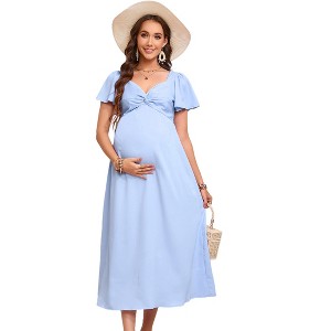 Maternity Ruffle Short Sleeve Midi Dress V Neck Twist Front Summer Baby Shower Dress - 1 of 4