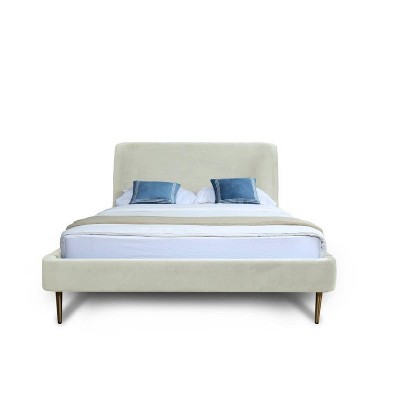 Cream Velvet Upholstered Full Bed with Gold Legs
