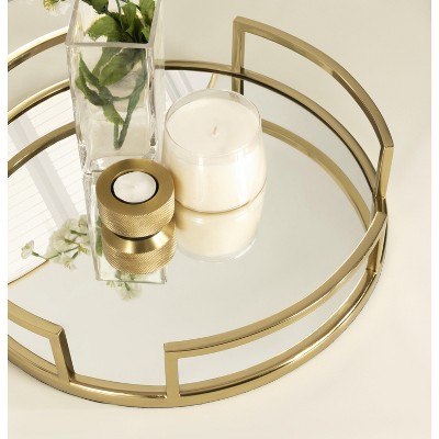Gohana Gold Round Glass Mirrored Tray with Handles