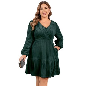 Women's Plus Size V Neck Cable Knit Sweater Dress Long Sleeve Oversized Casual Pullover Midi Dress with Belt - 1 of 1
