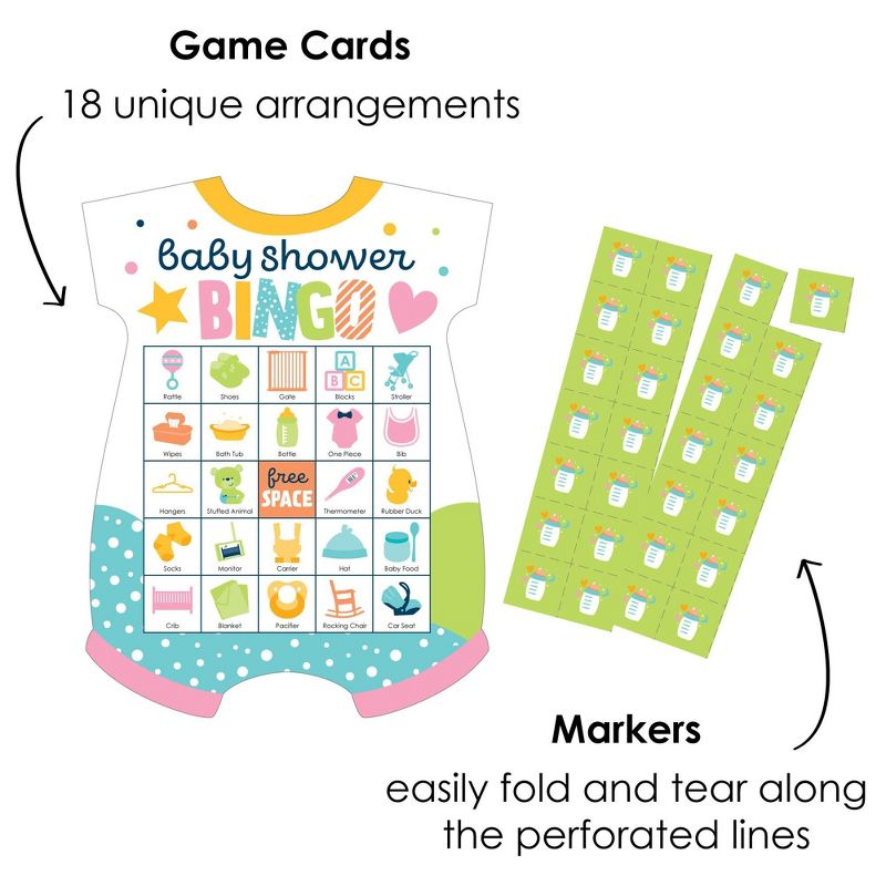 Big Dot of Happiness Colorful Baby Shower - Picture Bingo Cards and Markers - Baby Shower Shaped Bingo Game - Set of 18, 2 of 6