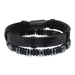 Steeltime Men's black leather/black ip stainless steel and hematite/lava beaded 2pc set bracelets - 1 of 4