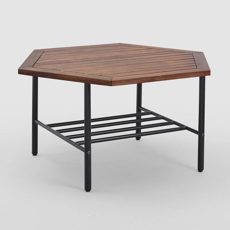 Saybrook Modern Metal and Wood Patio Hexagon Coffee Table - Dark Brown - Saracina Home, 1 of 15