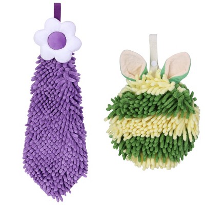 REGALWOVEN 2 Packs Soft Absorbent Flower and Rabbit Shape Decorative Chenille Hand Towel for Bathroom 6" x 15"/7" x 7"