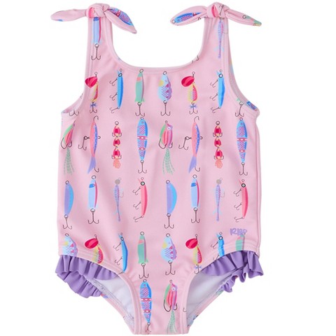 RuffleButts Baby/toddler Girls Upf50+ Tie Shoulder One Piece - Pink Gone Fishin, 5