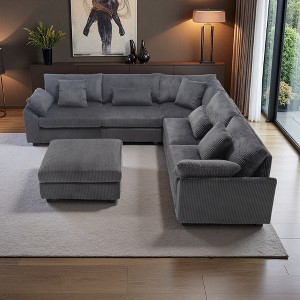 L-Shaped 6-Seater Sectional Sofa, Corduroy, Deep Seat, 7 Pillows - 1 of 4