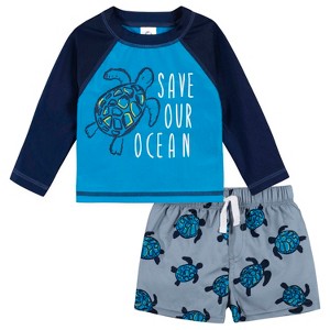 Gerber Baby & Toddler Boys' Two-Piece Swim Trunks and Long Sleeve Rash Guard Set - 1 of 4