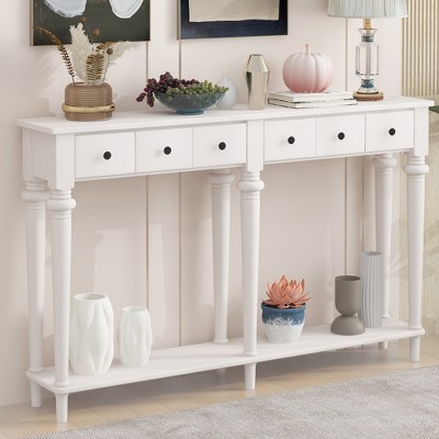 59.8"W Retro Console Table with 4 Drawers and Open Shelf, perfect for Entryways, Living Room and Hallways - ModernLuxe