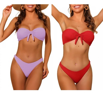 INSPIRE CHIC Women's Bandeau Ribbed Bowknot Strapless with Bottoms Swimwear Bikini 2 Set