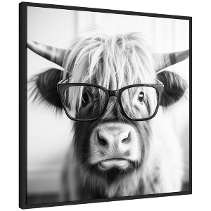 Kate & Laurel All Things Decor 30"x30" Sylvie Highland Cow in Reading Glasses Framed Canvas by The Creative Bunch Studio Black - 1 of 4