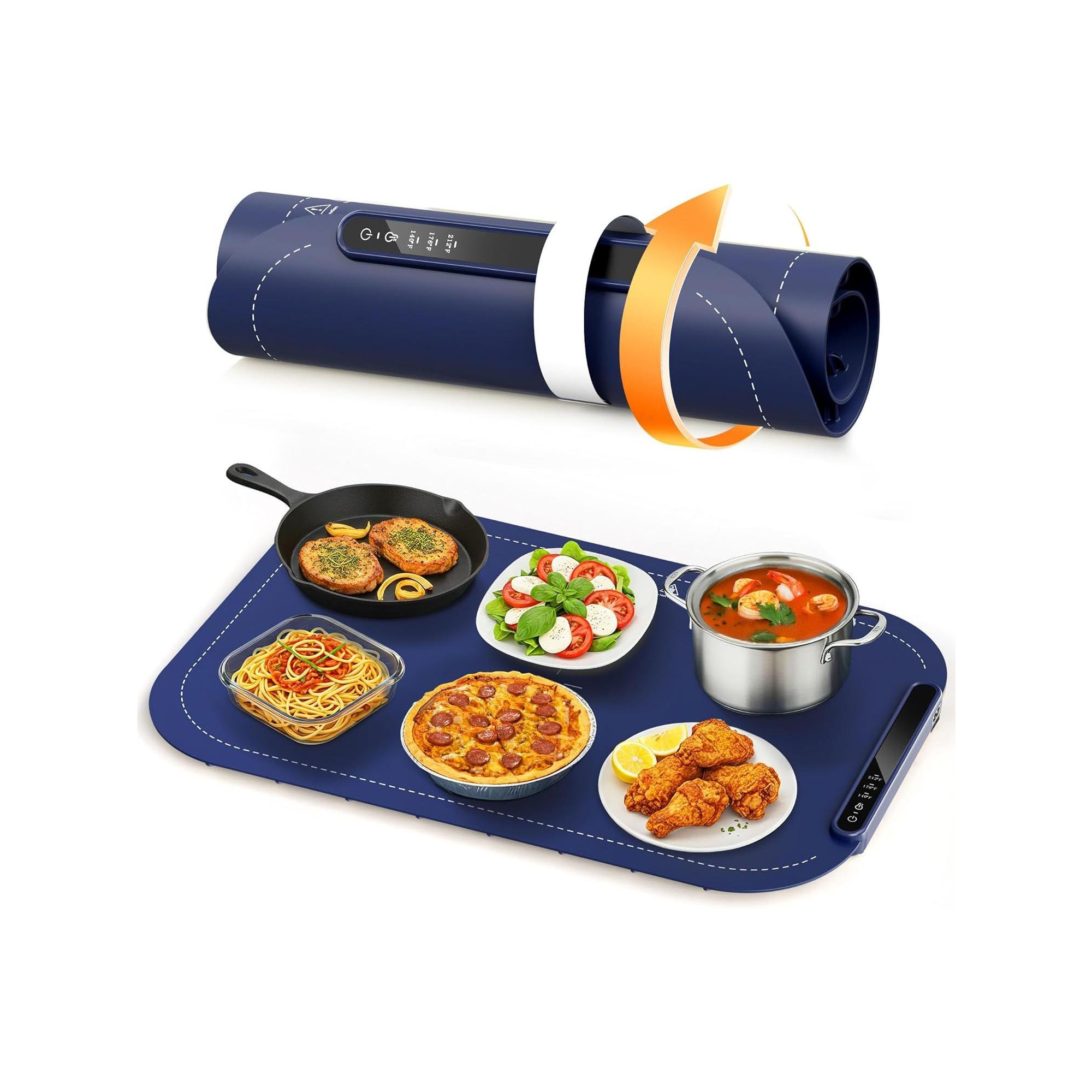 Electric Food Warming Mat – Fast, full-surface heating, 3 temperature settings, roll-up for portability, multi-functional (blue)