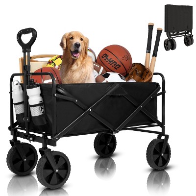 DOMETOUR Collapsible Wagon Cart with Wider Wheels & Auto-Rebound Handle - Heavy-Duty, Utility Grocery Shopping Cart for Camping, Beach & Gardening