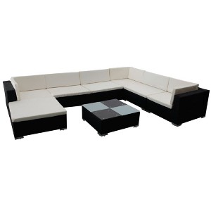 vidaXL 8 Piece Outdoor Patio Lounge Set, Poly Rattan Construction, Black Finish, Includes Corner Sofas, Center Sofas, Ottoman, Tea Table, Cushions - 1 of 4