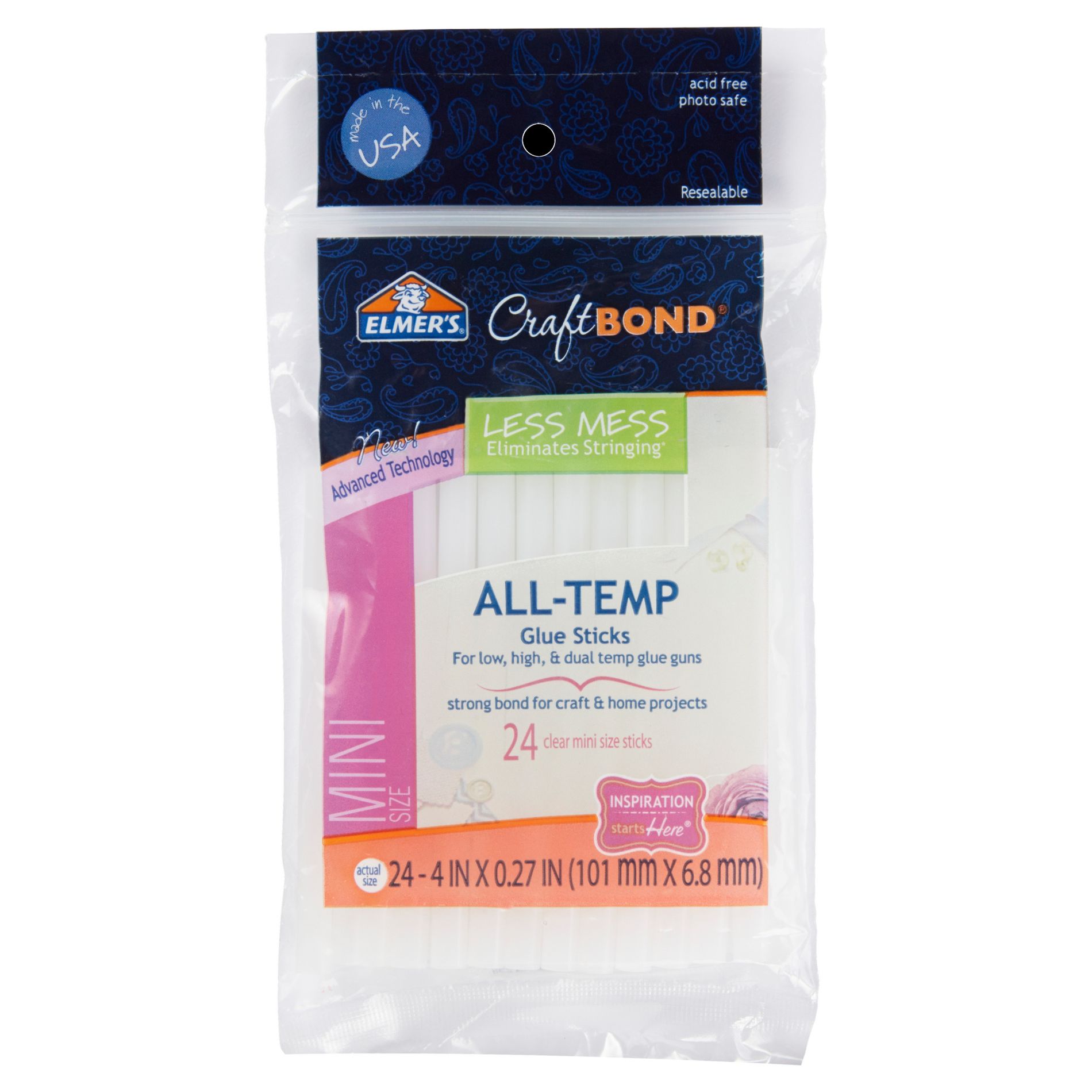 Elmer's Craft Bond Mini 24pk Glue Gun Sticks All-Temp: Hot Glue Sticks, Dries Clear, 4" Length, 0.27" Width