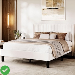 White Queen Size/Full Size Velvet Bed Frame Vertical Channel Tufted Wingback Headboard Upholstered Platform Bed - 1 of 4