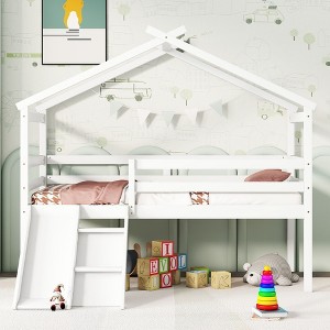 Okak 81.7IN Low Twin Kids Loft Bed with Slide, Twin Bed with Ladder, Safety Guardrails and House Roof Frame, Bed Frames for Kids Room - 1 of 4