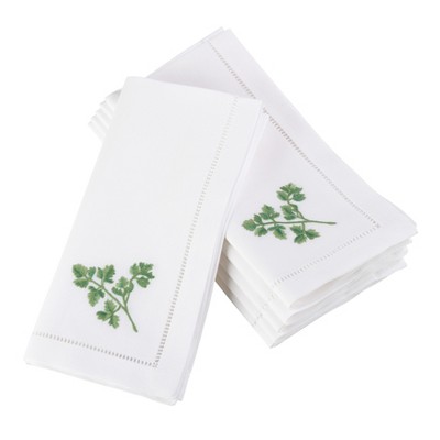 Saro Lifestyle Embroidered Parsley Design Hemstitched Trim Border Cotton Napkin - Set of 6, 20", White